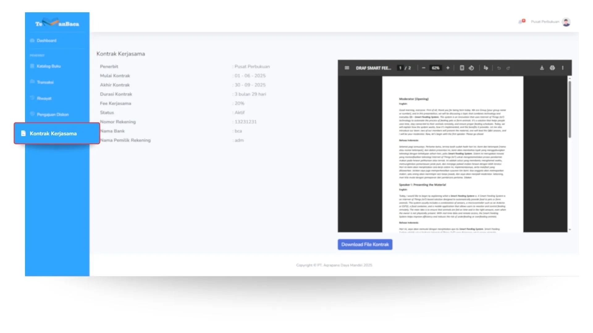 Tampilan Kontrak Kerjasama